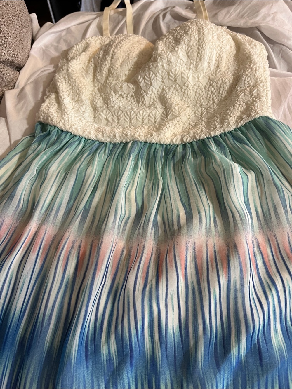 Lily Rose White Lace Bodice Maxi Dress with Blue, Aqua & Pink Ombre Skirt